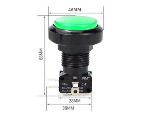 Аркадная кнопка 46 мм (D) до 250 В, зеленая (с возможностью подсветки)  BEM-Y46 